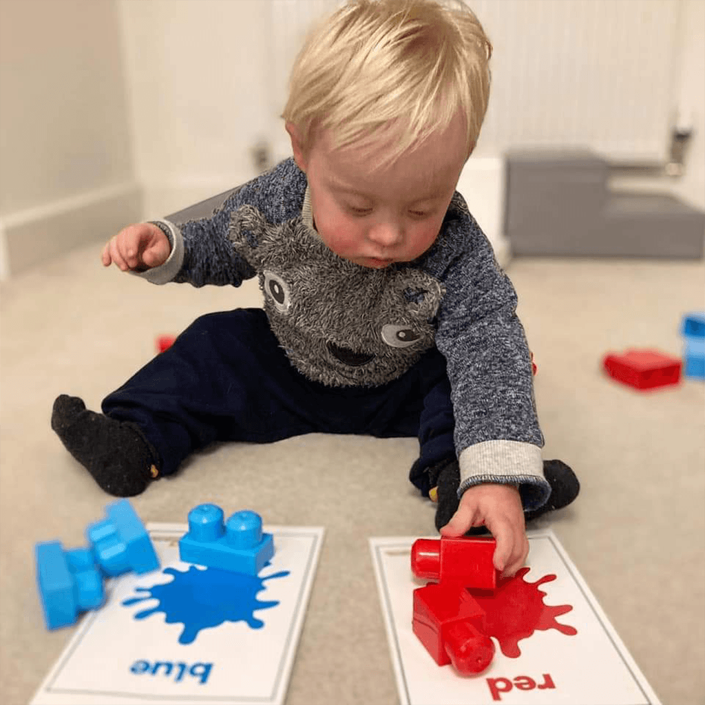 Child using pegs resources. They're matching coloured blocks to cards that say red and blue