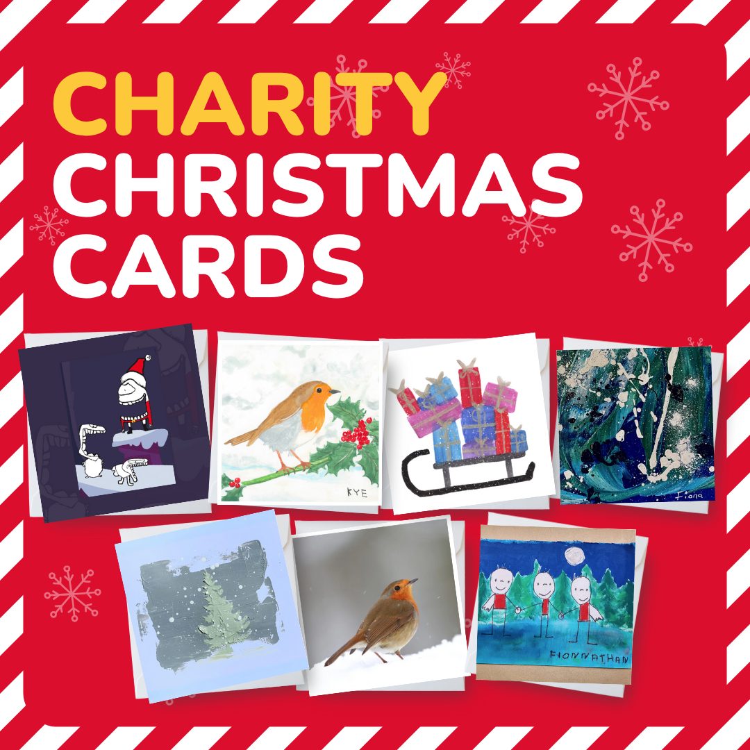"Charity christmas cards" wording on a red background with snapshots of each christmas card and white snowflakes surrounding them