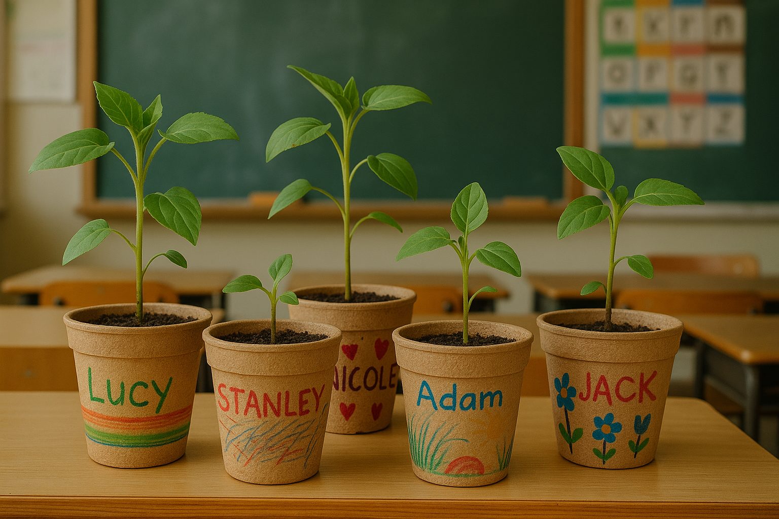 Ai image of sunflowers growing in pots in a classroom, the pots are decorated with drawings and childrens names. All sunflowers are growing at different rates