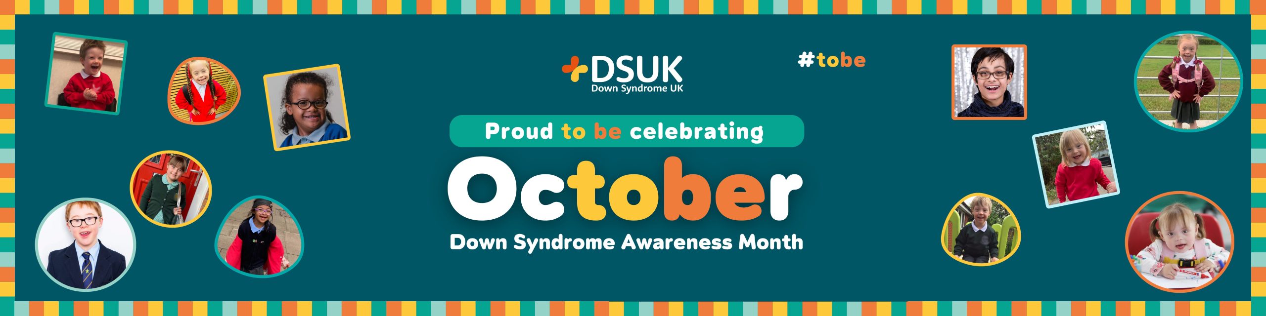 Display pack banner for schools showing children with down syndrome and the october awareness month logo