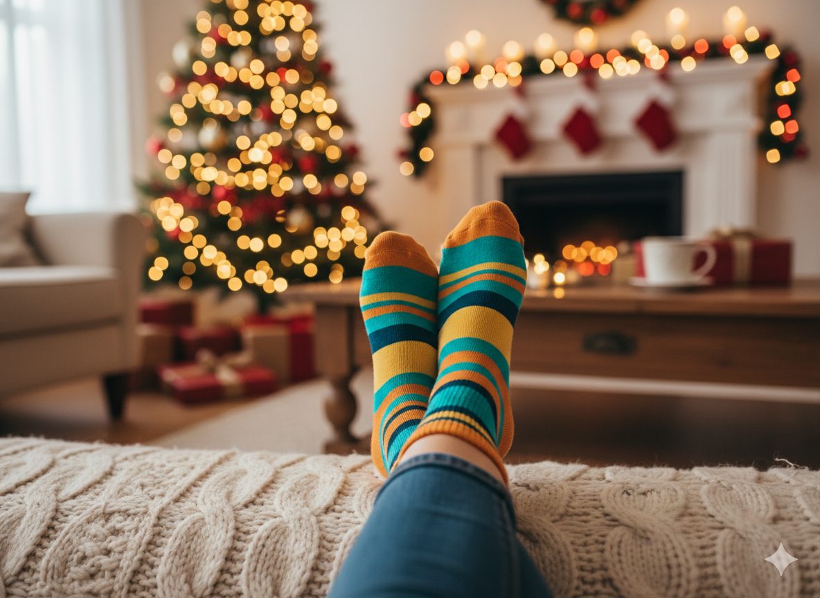 DSUK Socks shown on some feet, cross legged in front of a christmas themed living room with a large tree and lights, a fire place and stockings hanging over it. A coffee table is in view with a mug on it.