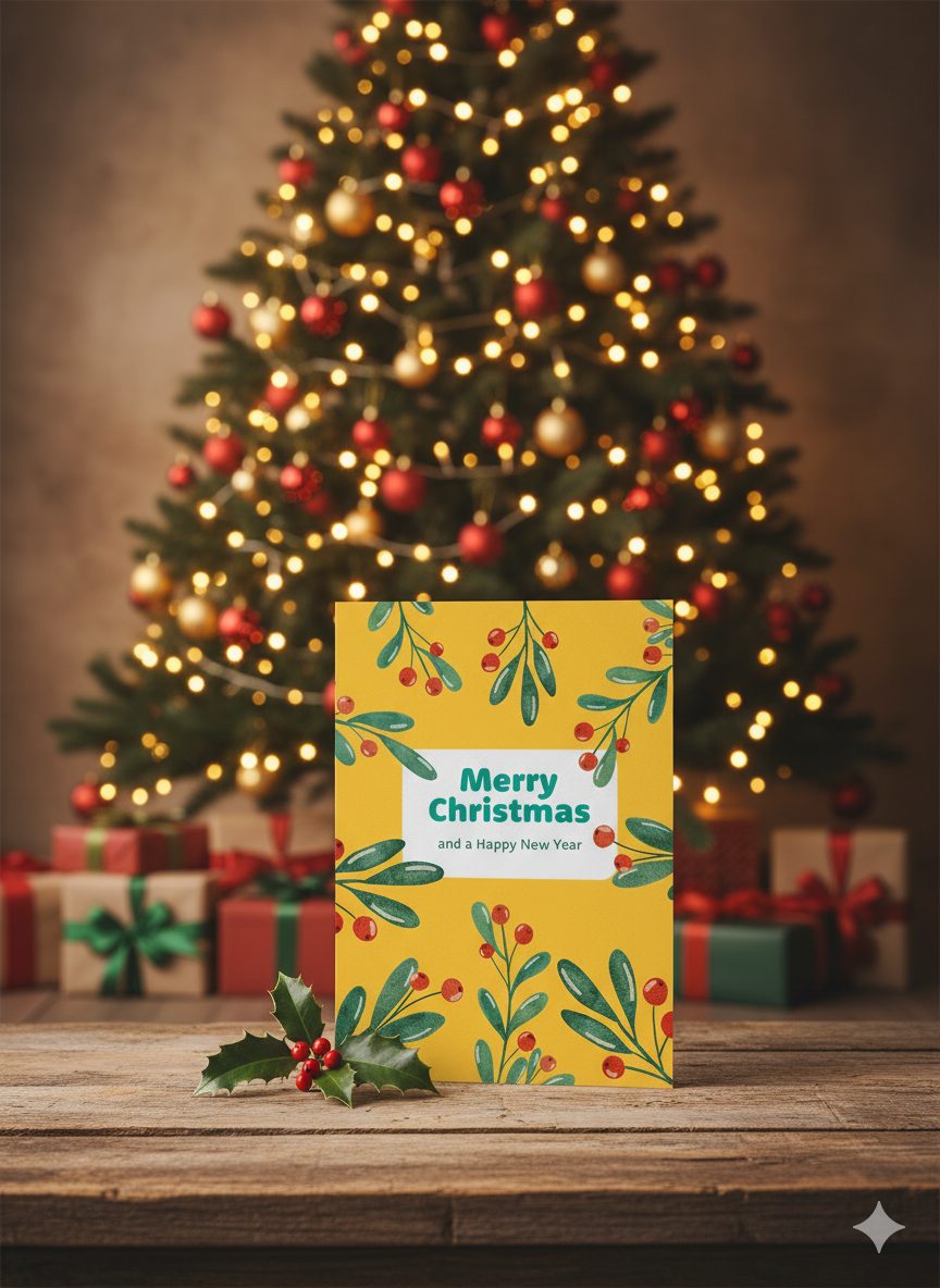 Christmas card with holly circling a centre frame saying 'merry christmas'